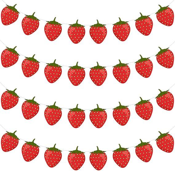 Lewtemi 4 Pcs Berry First Birthday Decor Strawberry Baby Shower Decorations Hanging Banner Berry Garland for Strawberry Themed Party Favors Supplies(Red)