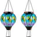 DREAMSKIP 2 Pack Dragonfly Hot Air Balloon Solar Lantern Outdoor Waterproof, Glass Balloon Lanterns for Outside, Decorative Hanging Solar Lights Patio Garden Yard Gift for Women Moms