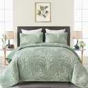 Sage Green Quilt Set Queen Size - Branch Botanical Pattern Bedspread Coverlet Set, 3 Piece Green Floral Quilt Bedding Set Soft Microfiber Daybed Cover for All Season
