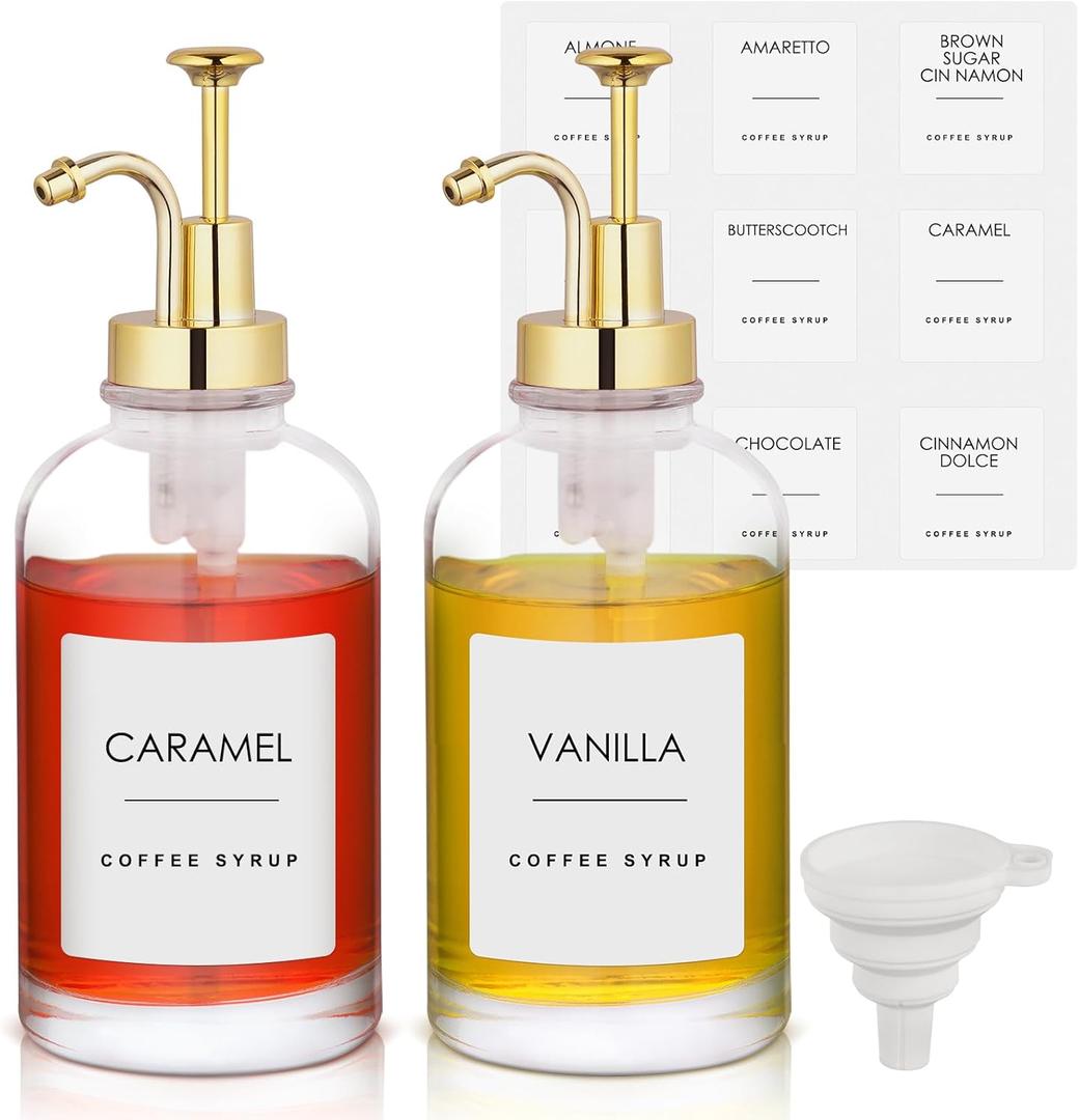 Gold Upgraded 2 Pack 16.9 Oz Coffee Syrup Dispenser - Clear Glass Bottles w. Pump and 36 Labels, Coffee Bar Accessories for Cinnamon, Vanilla, Caramel