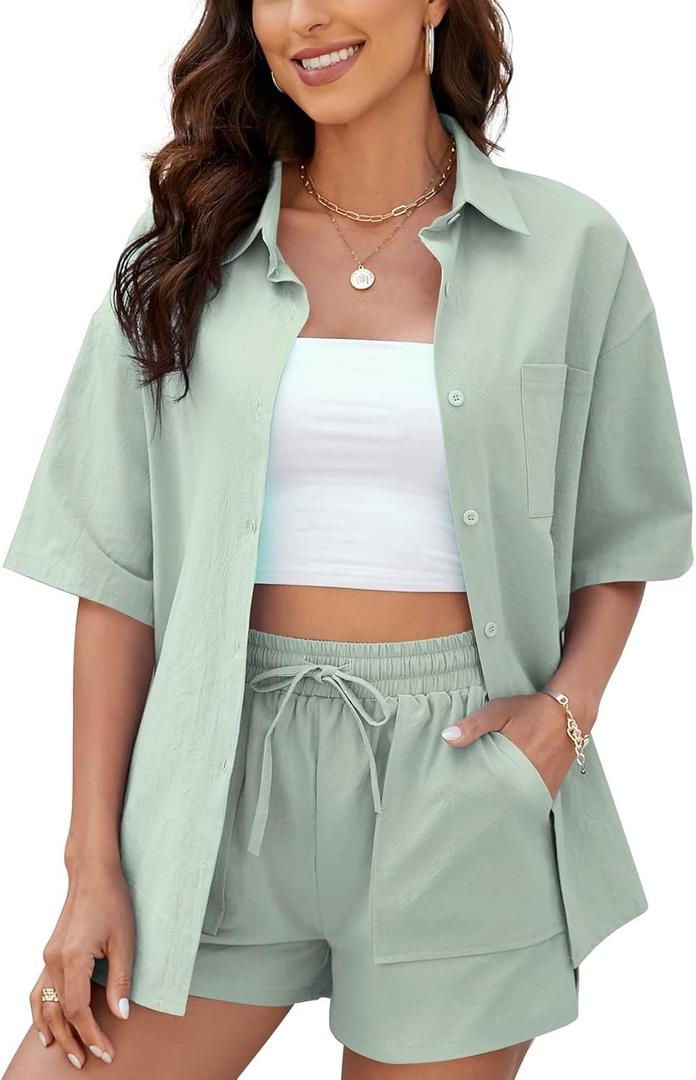 PEHMEA Women's 2 Piece Outfits Summer Cotton Linen Button Down Shirt Top High Waisted Shorts Set Tracksuit (Cyan)