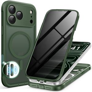 BERFY for iPhone 17 Pro Case, Compatible with MagSafe, Built-in Privacy Screen Protector and Camera Protection, Anti-Spy Full Body Shockproof Translucent Matte Phone Case for 17 Pro 6.3", Deep Green