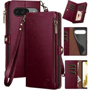 XcaseBar for Google Pixel 9 5G/Pixel 9 Pro 6.3 Wallet case with Zipper Credit Card HolderRFID Blocking,Flip Folio Book PU Leather Phone case Shockproof Cover Women Men for Pixel 9 case Red