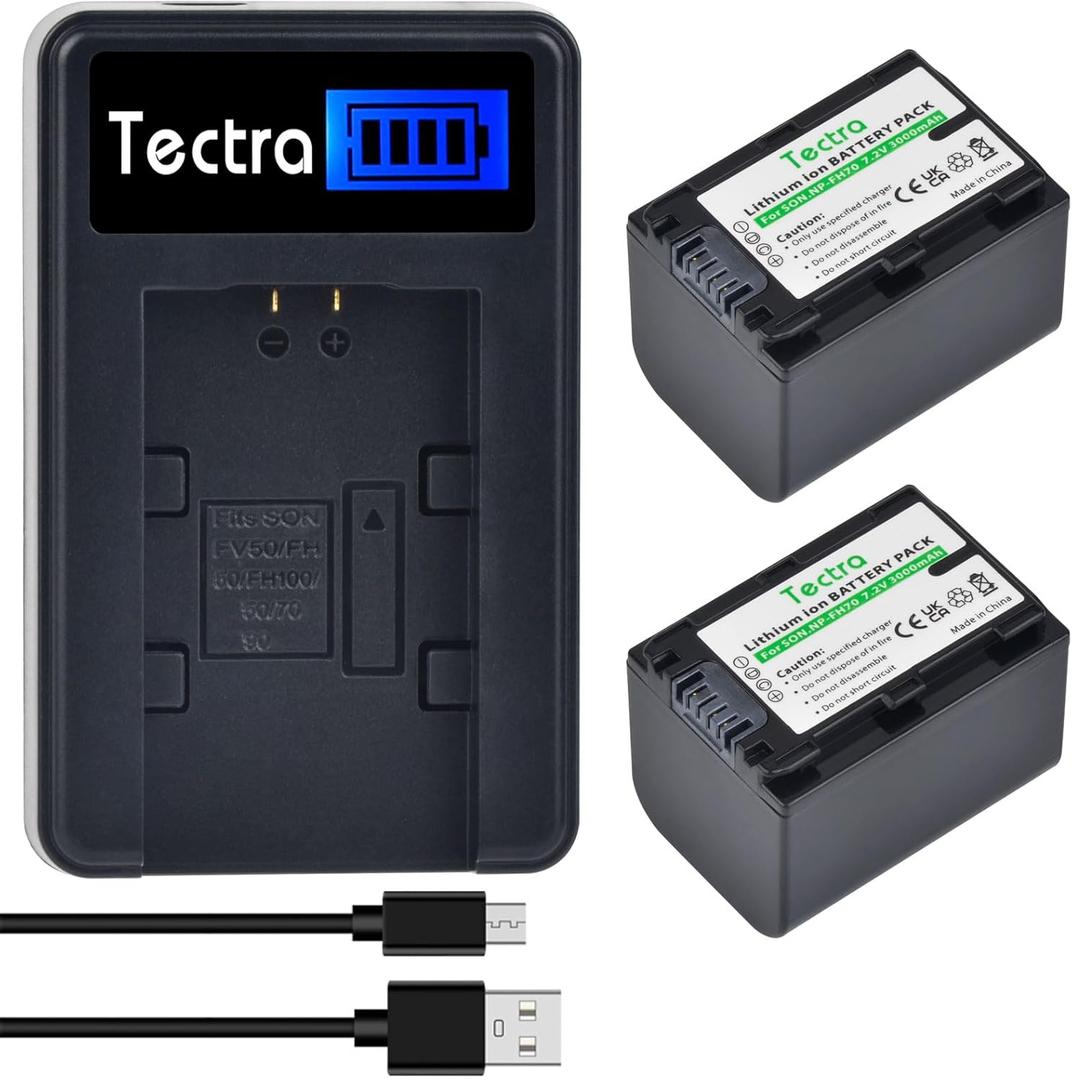 Tectra 2-Pack NP-FH70 Battery and LCD USB Charger for Sony NP-FH30, NP-FH50, NP-FH60, NP-FH90 NP-FH100 and Sony HandyCam DCR-DVD650, DCR-HC20, SX40, SX60, HDR-CX100, TG5, CX500
