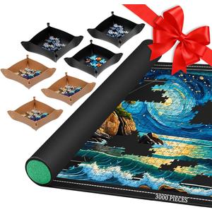 Pohxev Jigsaw Puzzle Mat Roll Up, Portable Saver Pad 53 x 35 Up to 3000 Pieces, Puzzle Matt Rollup with Non-Slip Rubber Bottom & Smooth Top. (6 Sorting Trays & 1 Storage Bag), 500-3000 Pieces