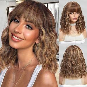 Short Brown Blonde Wig,Shoulder Length Bob Curly Wavy Ombre Brown Wig With Bangs for Women, Charming Heat-resistant Synthetic Hair Wigs for Date Daily Use