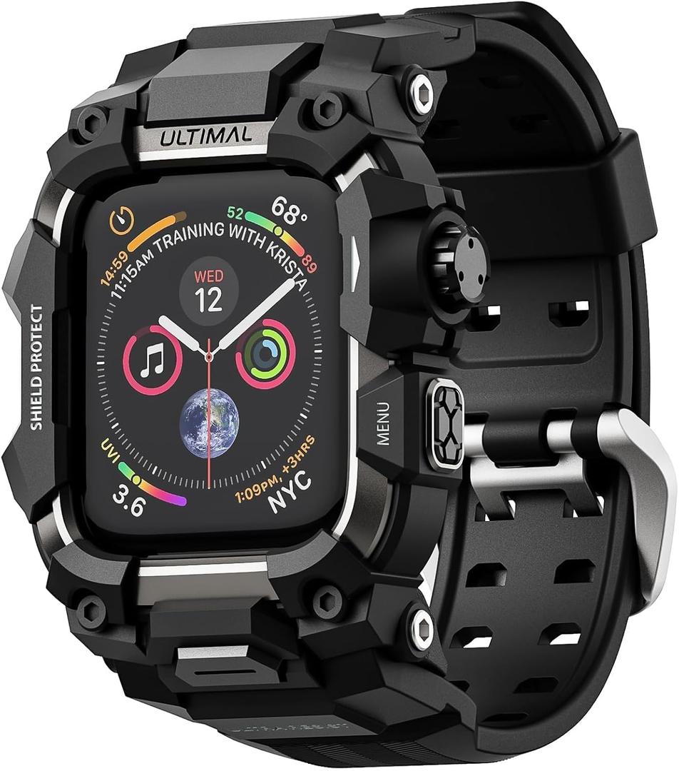 ULTIMAL Rugged Case with Band for Apple Watch 44mm,Compatible with Apple Watch Series SE 3/SE 2/SE Generation/6/5/4, Military Grade Shockproof Bumper Cover for iWatch Tactical Band Men (44mm,Black)