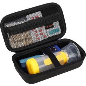 Canboc Travel Carrying Case for Asthma Inhaler, Handheld Spacer for Adults and Kids, Masks, Hard Inhaler Case with Mesh Pocket fit Medicine and Other Essentials, Black (CASE ONLY)