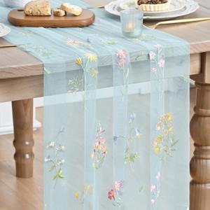 Artoid Mode Wildflower Floral Sky Blue Gauze Embroidery Table Runner 120 Inch 10FT, Tulle Seasonal Spring Kitchen Dining Table Decor for Home Party (28" x 120")
