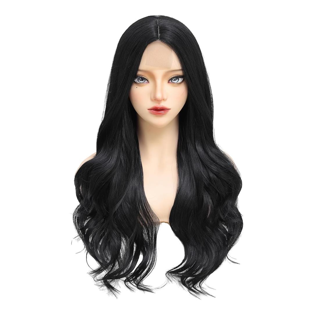 Long Black Wig for Women 26 Inch Wavy Synthetic Wig Natural Wave Middle Part Heat Resistant Natural Looking Black Curly Wig for Daily Use Cosplay Halloween