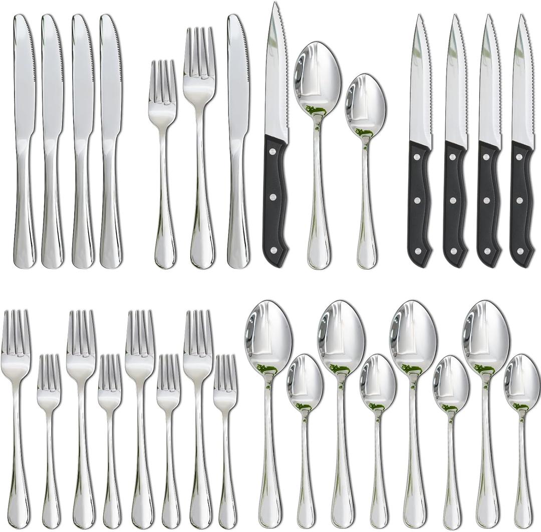Astercook Silverware Set with Steak Knives 24-Piece Flatware Set for 4 Food-Grade Stainless Steel Cutlery Set Mirror Polished Utensils Set Include Spoons and Forks for Home Gifts for Women