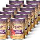 Evanger's Organics Beef Dinner for Dogs 12 Count, 12.5 oz Each Qualified Organic, Grain Free, GMO Free Nutrient-Dense Recipe with Organic Vegetables Wet Dog Food (EXP 06/30/29)