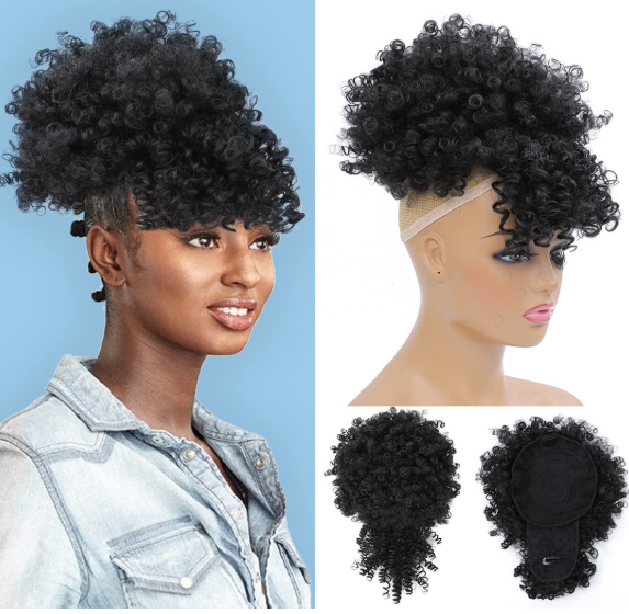 Fayasu Afro Puff Drawstring Ponytail with Bangs Short Ponytail Hair Extension Black Girl Kinky Curly Hair Clip in Bangs Updo Hairpieces for Black Women (1B)