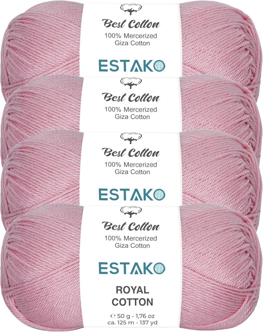 Estako Royal Cotton, (4 Skeins Pack) 100% Mercerized Giza Cotton Yarn, Soft, Super Fino for Crochet and Knitting (4 x 1.76 Oz) / (4 x 137 Yrds) (5096 - Baby Pink)