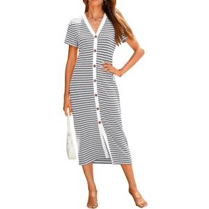 BTFBM Women Casual Summer Dresses Short Sleeve Striped Midi Dresses Decorative Button Ribbed Knit Dresses Party Dresses (Small, Grey)