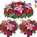 Artificial Cemetery Flower with Vases for Grave, 3PC,Red Rose Headstone Flower Saddle (Vases Included)