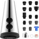 4 Function Kitchen Faucet Head Replacement Universal Pull Down Kitchen Sink Faucet Sprayer Head with 15 Adapters Compatible with American Standard/Kohler/Moen/Delta, Chrome