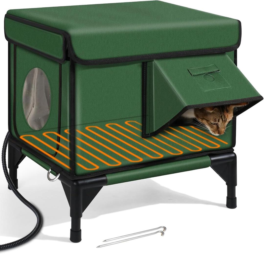 Large Heated Cat House for Outside in Winter, Elevated Insulated Heated Outdoor Cat House Weatherproof with Heating Pad, Waterproof Outdoor Cat Shelter for Multiple Cats Small Dogs(Green)