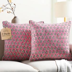 CPC 100% Cotton Throw Pillow Covers 20x20 Inch, Set of 2 Green Block Print Pattern Couch Pillow, Cute Boho Decorative Pillows for Living Room, Bedroom with Hidden Zipper- Poppy Pink