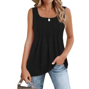 Zeagoo Women's Summer Tank Tops 2026 Pleated Square Neck Loose Fit Casual Flowy Tunic Sleeveless Shirts (Black)