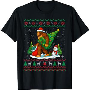 Bigfoot Santa Ugly Christmas Tree Funny Xmas Lights Men Kids T-Shirt (XX-Large)