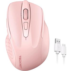 TECKNET Rechargeable Wireless Mouse, 2.4G Silent Mouse, Quiet Click, 6 Adjustable 4800 DPI, Cordless Computer Mouse, Ergonomic Mouse for Laptop, 6 Buttons USB-A Mouse for Chromebook, Ergo Grip - Pink