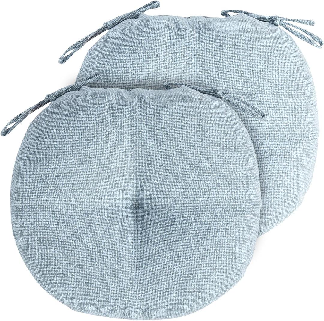 Outdoor Bistro Chair Cushion Set of 2, Waterproof Tufted Round Seat Cushion with Ties, 15"x15"x4" Patio Furniture Chair Pads for Home Garden Balcony Office-Frost Blue