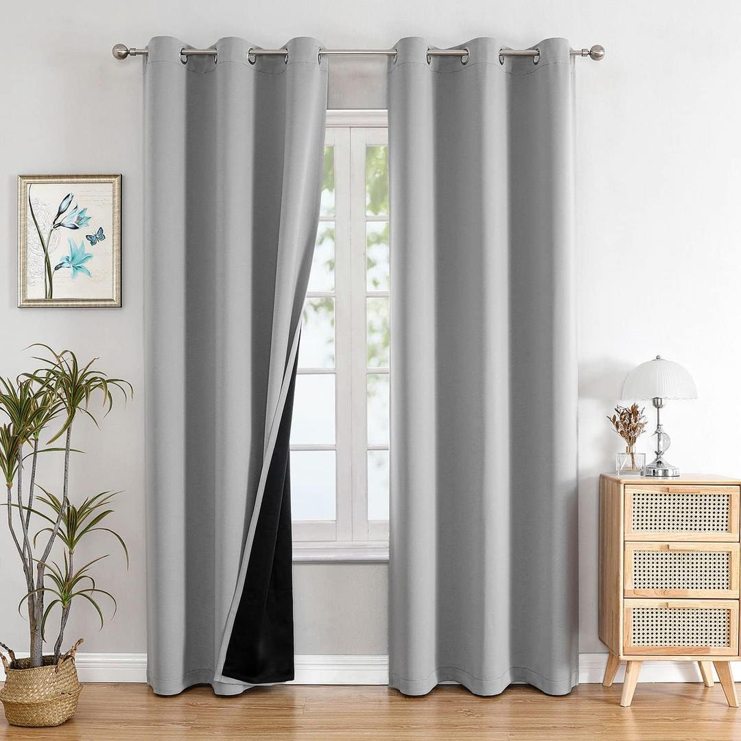 ChrisDowa 100% Blackout Curtains 72 inch Long for Bedroom with Black Liner, 2 Thick Layers Total Blackout Thermal Insulated Grommet Window Curtains 2 Panels Set (Light Grey, 42 x 72 Inch)