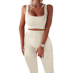 YESDOO Women's Workout Outfits Ribbed Tank 2 Piece Seamless High Waist Gym Outfit Yoga Shorts Leggings Sets, Size M