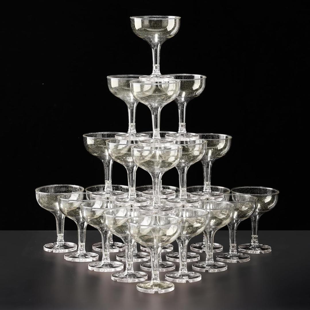 30 Pack Plastic Champagne Glasses 5 oz Champagne Coupe Unbreakable Plastic Cocktail Glasses Acrylic Martini Glasses Champagne Tower for Wedding Birthday Party Bar (Gold Glitter)