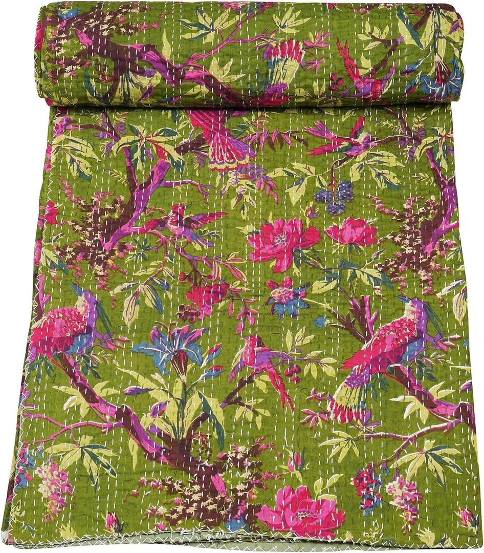 Marubhumi Indian Handmade Stitched Pure Cotton Bohemian Bird Print Kantha Quilt (Mahandi, Queen (90"x 108")