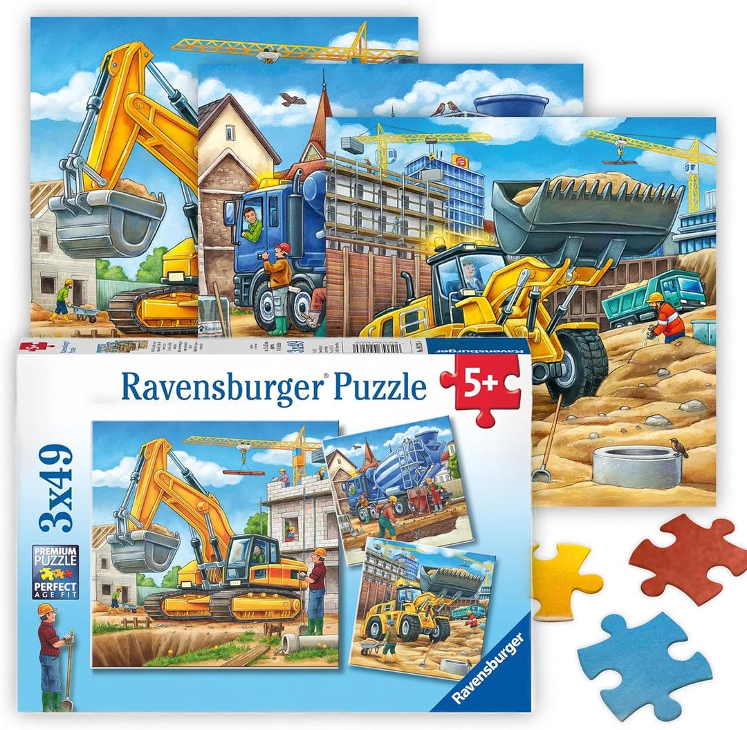 Ravensburger - Large Construction Vehicles - 49 Piece Jigsaw Puzzle 3 Pack Set - Bright Loaders, Trucks & More - Larger Pieces - Premium Quality - Ideal Gift - Screen-Free Fun - Children Age 5+