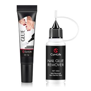Curvlife 10g Semi-Solid Glue and 20ml Pinpoint Glue Remover Kit - Gel for Press on Nails, Quick Dry No UV Lamp Needed with Gentle Non-Acetone Remover, Fake Nail Tips