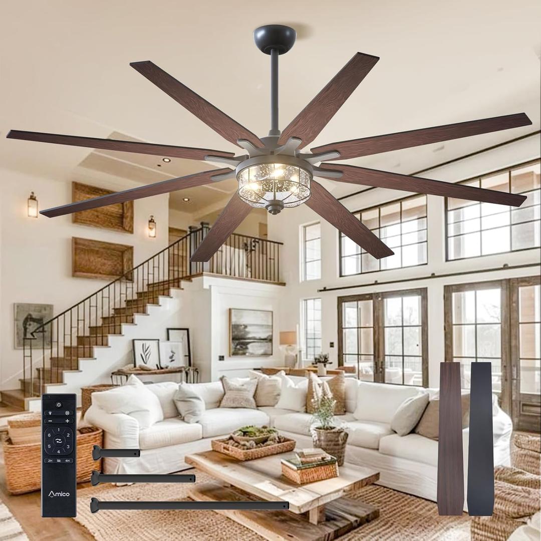 Amico Ceiling Fans with Lights, 72'' Indoor/Outdoor Black Ceiling Fan with Remote Control, Reversible DC Motor, 8 Blades, 3CCT, Dimmable, Noiseless, Vintage Large Ceiling Fan for Farmhouse, Bedroom