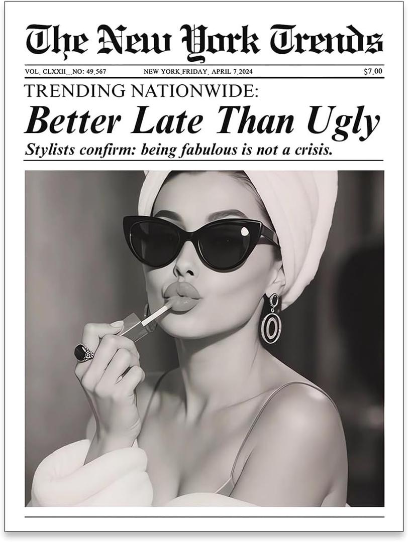 Trendy Newspaper Posters Better Late Than Ugly Wall Art Vintage Black And White Canvas Prints Funky Preppy Artwork Painting 11x14in Unframed for Girl Bathroom Bedroom Dorm Decor Aesthetic