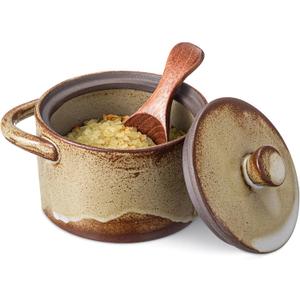 Honeydak Speckled Ceramic Salt Cellar with Lid and Wooden Spoon, Rustic Farmhouse Salt Pepper Cellar Holder for Christmas Housewarming Gift, Heavyweight Spices Jar (Retro Color,1 Set)