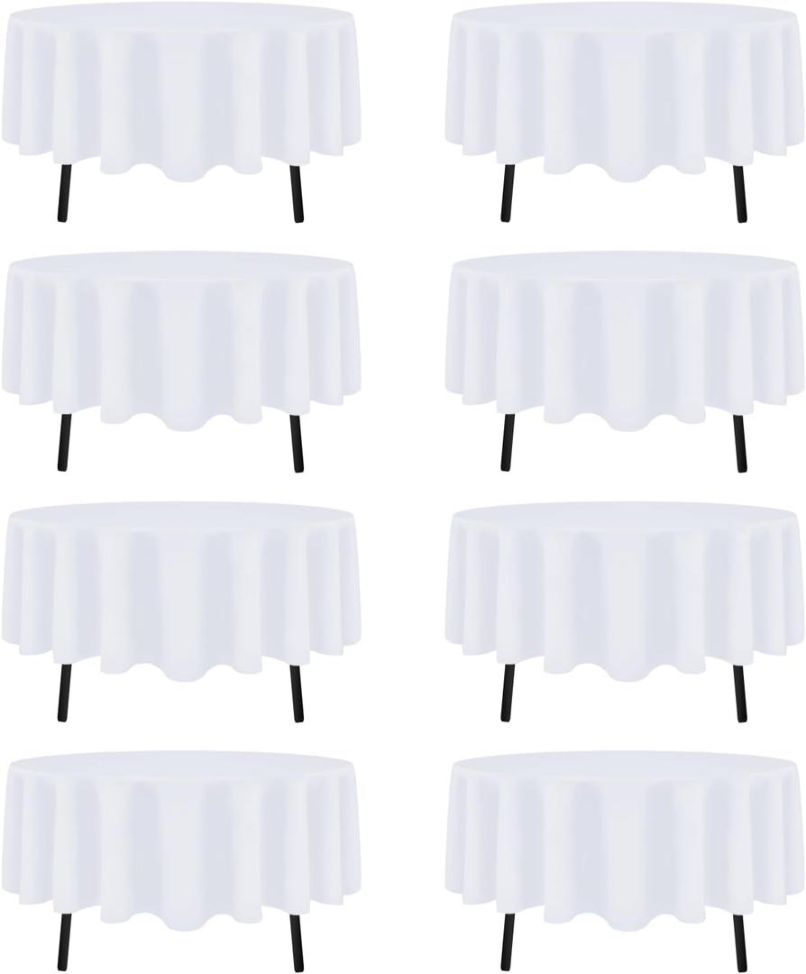 8 Pack White Round Tablecloth 60 Inch White Table Cloth (Fits 20-48 Inch Tables) Stain and Wrinkle Resistant Reusable and Washable Polyester Fabric for Buffet Wedding Party and Banquet
