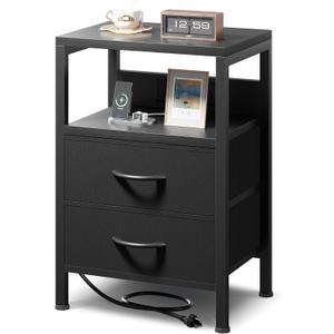 NightStand Bedside Charging Table Bedroom - Night Stand with Charger Station, Modern Nightstand with Open Shelf & 2 Fabric Drawers, Bed Side Table with USB-C Port for Dorm, Black