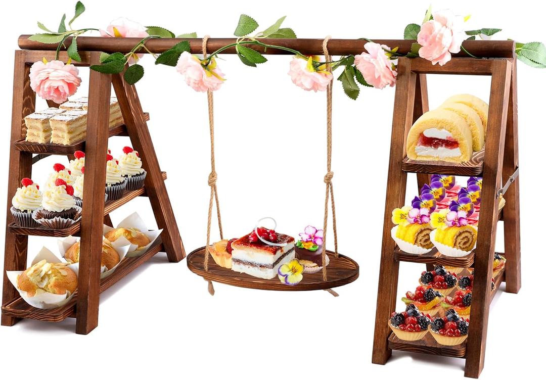 3 Tier Wooden Cupcake Stand with Swing and Flower Decoration (Natural Wood Color) (Dark Brown)