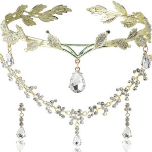 DS Rhinestone Wedding Tiara Crown for Brides, Goddess elf Princess Fairy Crystal Pendent Headband Leaf Cosplay Crown for women girls Hair Accessory for Brides Pageant Wedding Prom Birthday (Gold 1)