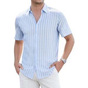 Damipow Mens Linen Shirts Short Sleeve Cotton Striped Button Down Shirt (Blue, L)