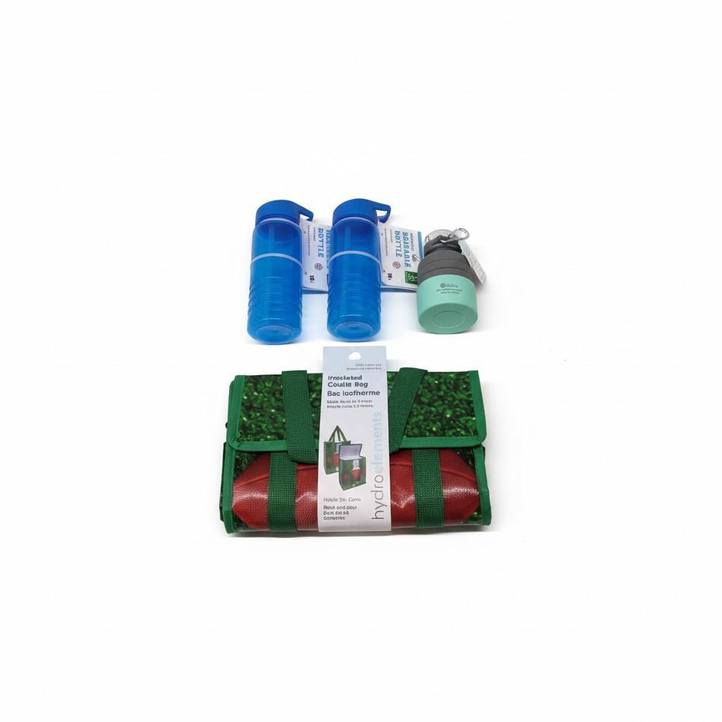 Multipack Bundle 2 On The Go Reusable Bottles (Blue) 1 Hydra Elements Collapsible Water Bottle (Grey With Green Silicone Coozy) 1 Hydra Elelements Insulated Cooler Bag (Football Theme)