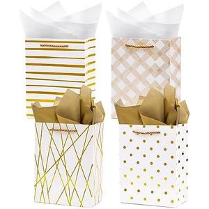 Nihuecne 9" Gift Bags Medium Size with Tissue Paper, 4 Pack White Gold Wrap Paper Gift Bags with Handles for Shopping Parties Wedding Baby Shower Holiday Presents 4 Designs