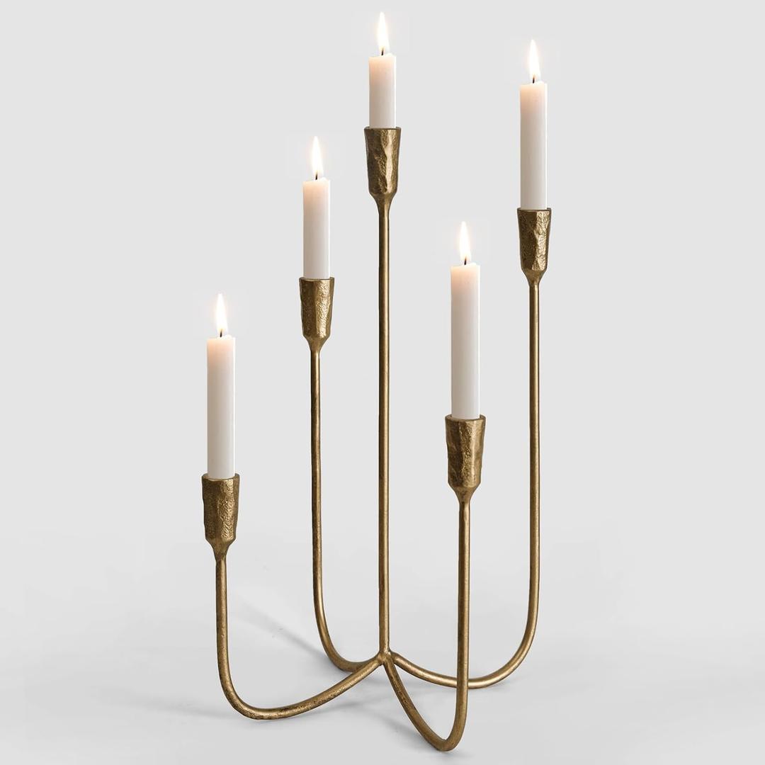 5-Candle Cast Iron Metal Candelabra Candlestick Holders 15 inch Tall Candle Holder Wedding Event Candelabra Candle Stand Brass Gold (Antique Brass 5 Arms)