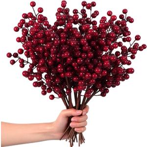 12 Pcs 14 Inch Burgundy Holly Berry Stem Picks for Christmas Tree Decorations Artificial Red Berry Picks for Christmas Branches Ornaments Wreath Crafts Winter Home Decor Xmas Twigs for Vase