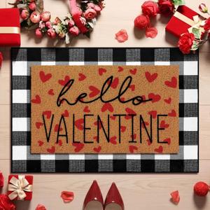 Tinideya 2 Pcs Valentine Door Mat Hello February 14th Welcome Non Slip Coir Mats Red Heart Black and White Plaid Floor Layering Doormats Seasonal for Front Porch Entryway Decor(Valentine) (23.6 x 35.4 Inches)