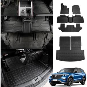 Floor Mats Compatible with 2020-2025 Ford Explorer 6 Seat Trunk Mat Cargo Liner TPE Back Seat Cover Protector 2024 Explorer Accessories (Fit 6 Seat,Trunk Mat with Backrest Mats+Floor Mats)