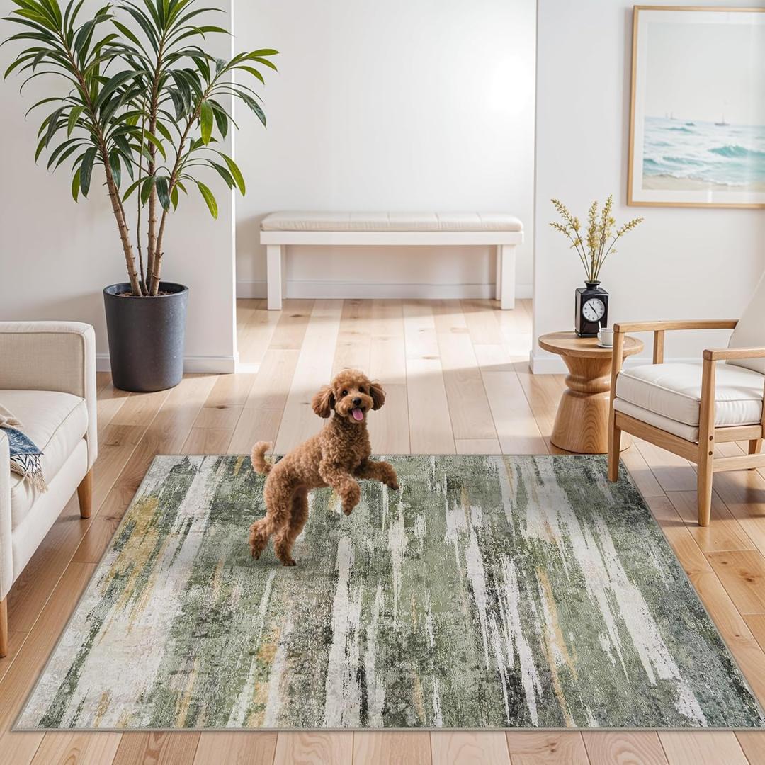 Washable Abstract 4x6 Area Rug - Soft Living Room Bedroom Rugs with Non Slip Rubber Backing Indoor Low Pile Stain Resistant Carpet for Kitchen Office Modern Home Decor Floor Mat for Bathroom 4x6 Green