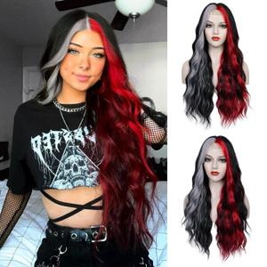 WECAN Black Red Gray Wig 28 Inches Long Black Red Wavy Wigs For Women Synthetic Hair Replacement Wigs Halloween Cosplay Daily Party Heat-Resistant Fiber Wig