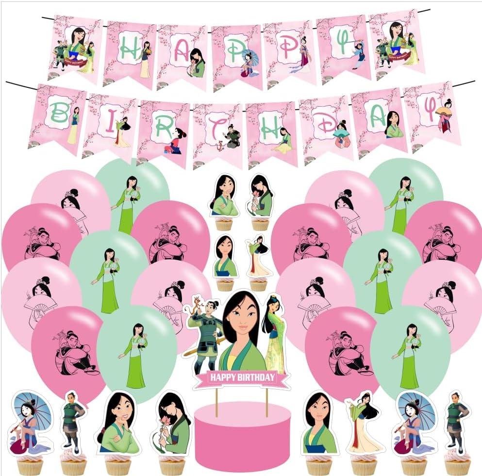 Mulan Princess Birthday Party Decorations, Pink & Green Cartoon Theme Party Supplies Set with Banner, Cake Topper, Cupcake Toppers & Balloons for Fans Birthday Party Favors